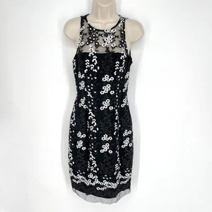 Betsey Johnson Embroidered Mesh Illusion Dress Sz 0 Black White Floral Lined - Picture 1 of 10