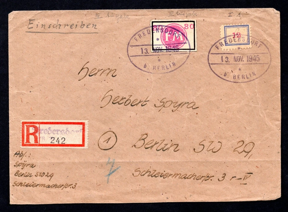 GERMANY 1945 LOCAL POST REGISTERED FREDERSDORF B. BERLIN COVER - Image 1 of 2