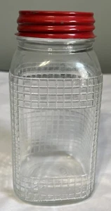 Vintage quadratische Kugel Waffelgitter geprägtes Glas Einmachglas mit rot lackiertem Zinkdeckel - Bild 1 von 18