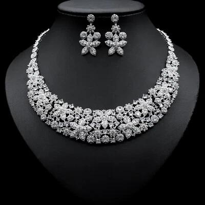 Luxury All CZ Cubic Zirconia Pearl Necklace Earrings Set For Women Bridal - Image 1 of 2