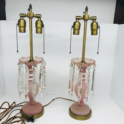 Victorian Bohemian Pink Snake Art Nouveau Glass Mantle Luster Lamps Prisms Read - Image 1 of 4