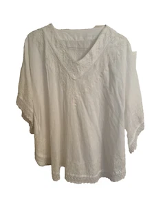 Gr. 1X/XL weiß Baumwolle Bluse Spitze Tunika Strand Cover-Up Boho Shabby Chic ohne Etikett - Bild 1 von 8