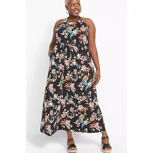 Maxi abito Lane Bryant nero con scollo a cravatta floreale taglia 18/20 boho spiaggia NUOVO - Foto 1 di 15