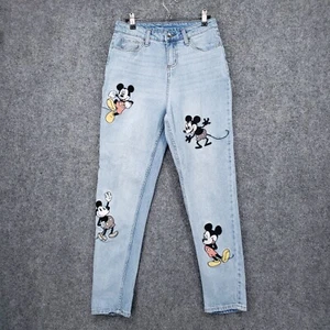 Disney Jeans Womens 1 Junior Blue Mickey Mouse Embroidered Mom High Rise Stretch - Picture 1 of 14