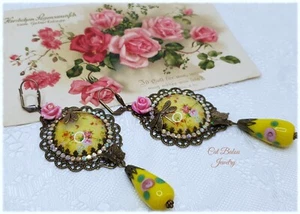 Barock Bohemian Burlesque Ohrringe Pink Gelb Straß und Rosen CatBalouJewelry - Bild 1 von 17