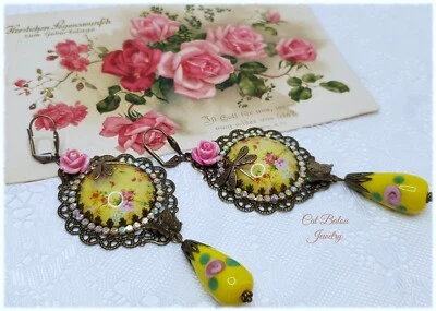 Barock Bohemian Burlesque Ohrringe Pink Gelb Straß und Rosen CatBalouJewelry - Bild 1 von 4