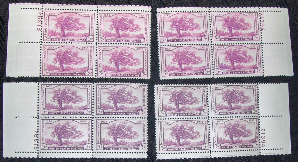 US 3¢ stamp SC #772 Connecticut MNH 1935 4 with matching number plate blocks. - Image 1 of 1