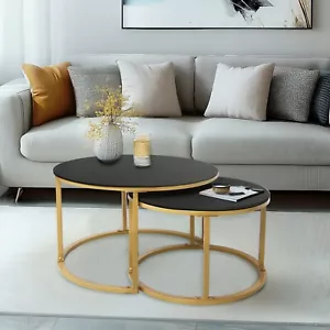 2 x Round Sintered Stone Metal Frame Marble Effect Nesting Coffee End Sofa Table - Picture 1 of 20