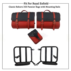 Leather Red & Black Pannier Bags & Mounting For Royal Enfield Classic Reborn 350 - Picture 1 of 6