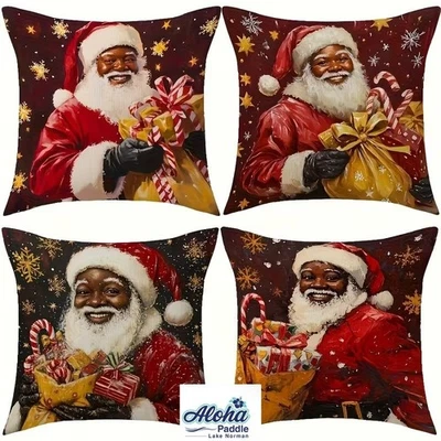 Fundas de almohada de Navidad negras Papá Noel afroamericano Papá Noel sofá cama CANTIDAD = 4 Foto 1 de 4