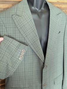 Vintage Saks Perry Ellis Mens 42R Sage Green Black Houndstooth Glen Plaid Blazer - Picture 1 of 22