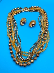 Vintage DeMario Necklace Earrings Set Gold Tone Orange Beaded Heavy Fall 16" - Picture 1 of 11