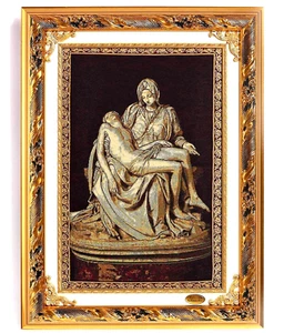 Tapisserie La Pieta Vaticana Coton Avec Feuille D'or Zecchino Cadre Bois 46x64cm - Imagen 1 de 4