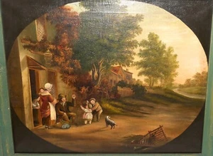 18°-19° scuola olandese dipinto olio originale scena genere nel villaggio - Foto 1 di 24