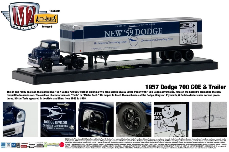 BLUE 1957 DODGE 700 COE WITH NEW 59 DODGE TRAILER M2 MACHINES 1:64 DIECAST MODEL - Image 1 of 1