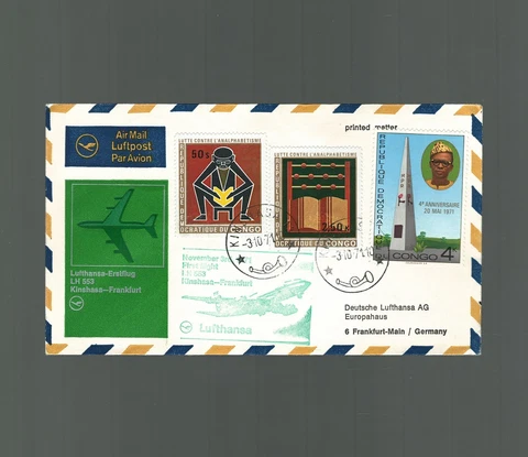 Congo First Flight Cover Kinshasa to Frankfurt Germany 1971 Lufthansa Cover