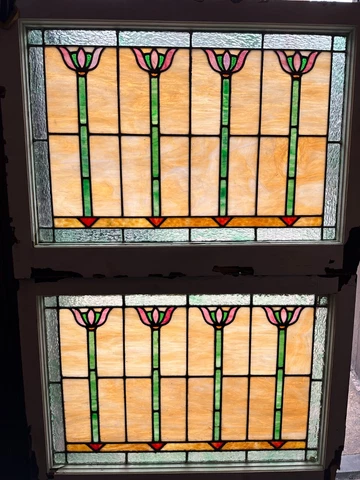 Pair of Beautiful Antique 4 Tulip Stained Leaded Glass Windows 34" by 25" Cover