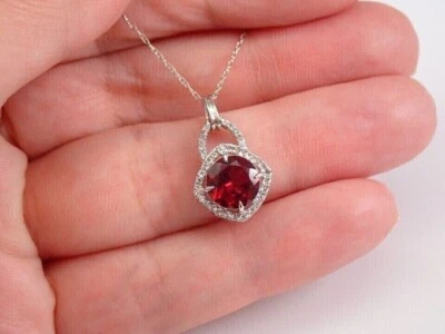 2Ct Round Cut Lab-Created Garnet Halo Pendant 14K White Gold Plated Free Chain - Image 1 of 4