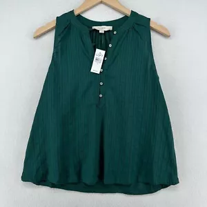 LOFT Top S Henley Mixed Media Shell Sleeveless Tank Flowy Summer Green NEW - Picture 1 of 14