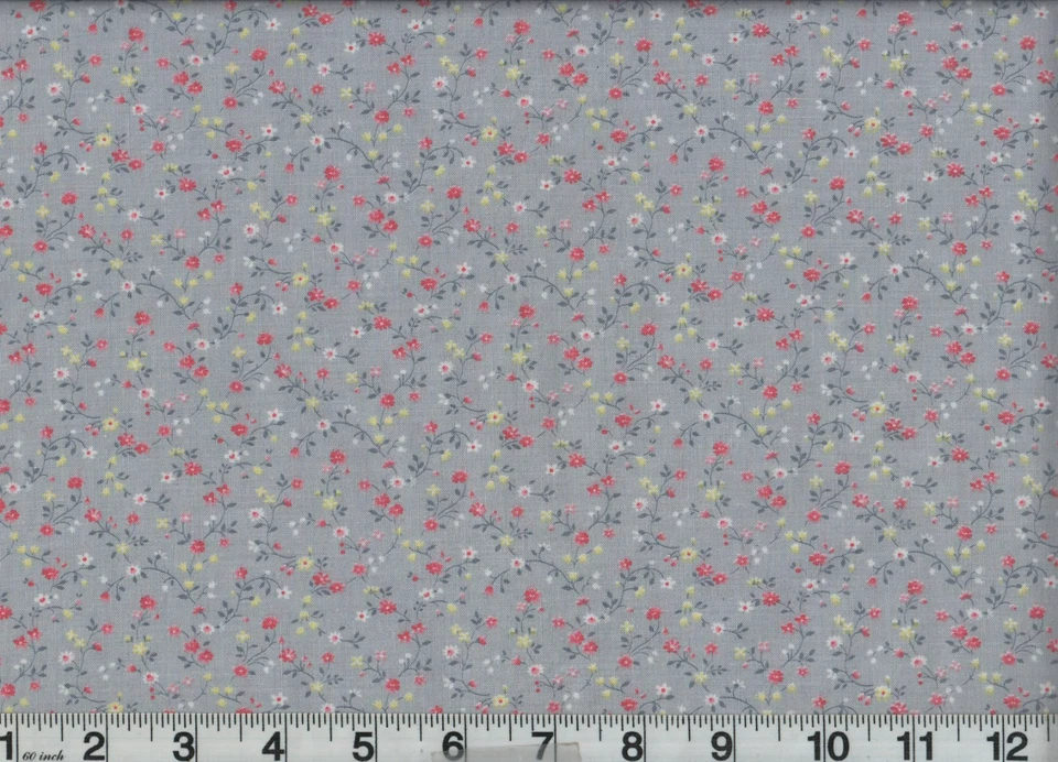 1 Yard Fabric Floral Pink Flowers On Gray Cotton 44" Wide Vintage 1960s 70s - Image 1 of 1