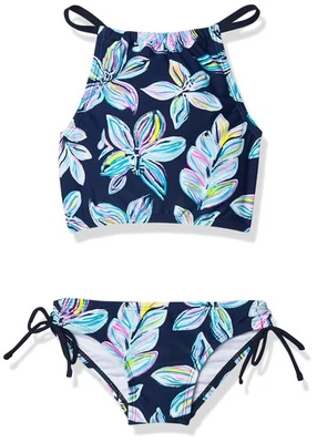 Traje de baño deportivo de playa con halter floral Charlotte grande para niñas 2 piezas, azul marino, 8 Foto 1 de 4