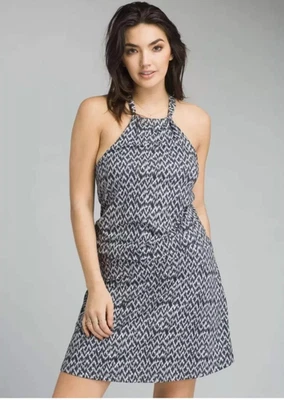 Prana Montezuma Halter Dress Women XL Black White Zigzag Built-in Bra Drop Waist - Image 1 of 4