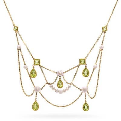 Vintage 14k Yellow Gold Pearl and Peridot Festoon Necklace - Image 1 of 4