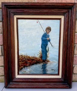Sehr gutes original signiertes handgefertigtes Ölgemälde Junge Angeln am See unbekannte Signatur - Bild 1 von 11