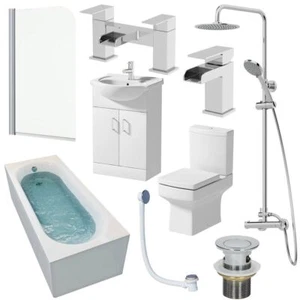 1600mm Bathroom Suite Single Ended Bath Shower Screen Vanity Basin Taps Toilet - Picture 1 of 16
