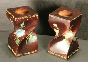 Pair of Vintage Hand-Painted Wooden Candlestick Candleholders Folk Art - Picture 1 of 12