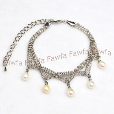 Brazalete de cadena de plata colgante de perlas cultivadas Akoya blancas naturales de 7-8 mm 7,5""  Foto 1 de 4