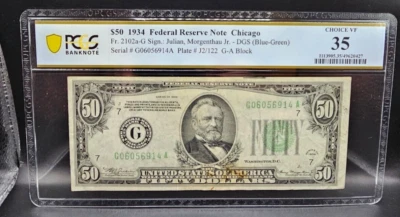 1934 $50 Fr#2102a Federal Reserve Note Chicago DGS (Blue-Green) PCGS 35 - Image 1 of 2