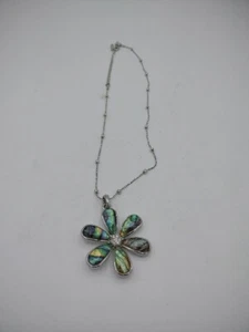 Retired Lia Sophia WATER LILY Natural Abalone Flower Crystal Silver Necklace - Picture 1 of 9