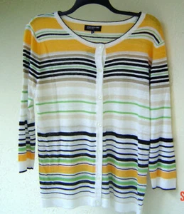 NEW JONES NEW YORK LINEN STRIPES WHITE YELLOW CARDIGAN TOP SET SIZE M $139 - Picture 1 of 2