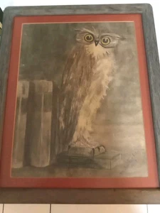 Antico dipinto originale 1909 del grande gufo Mabel Fichte 22 per 18 - Foto 1 di 13
