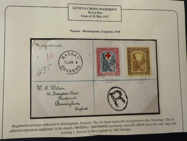 1918 Bahamas Registered Cover to UK with Red Cross 1d & 3d paying proper rate - Image 1 of 1