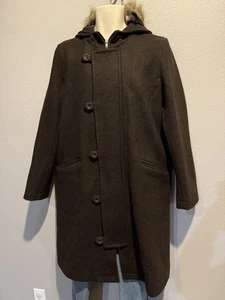 Cappotto donna DKNY marrone lana toggle bottoni borsone rem pelliccia orlo cappuccio taglia L - Foto 1 di 8