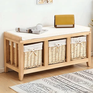 Hallway Bench Seat 3 Basket Pull-Out Storage White Cushioned Top Fully Assembled - Picture 1 of 3