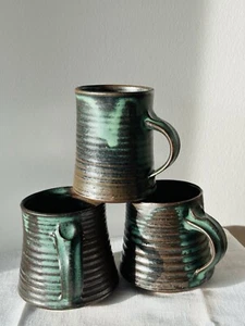 Set of 3 Studio Art Hand Thrown Ceramic Green Drip Glaze Studio Art Pottery Mugs - Picture 1 of 14