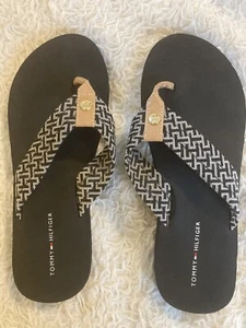 Tommy Hilfiger Flip Flops Sandals Black White  Leather Thong Women’s Size 7-7.5 - Picture 1 of 7