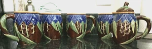 Vtg. Nouveau Majolica Wanjiang Brown Green Leaf Glazed Creamer 4 coffee tea mugs - Picture 1 of 6