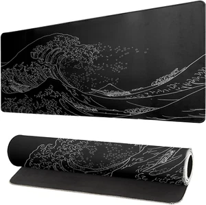 Japanese Sea Wave Large Mouse Pad, Anime Black Gaming Pad Extended Kanagawa Mat - Picture 1 of 6