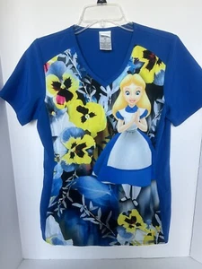 Alice In Wonderland Disney Scrubs Tooniforms VNeck Top Blue Size XS Side Pockets - Picture 1 of 8