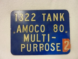 VTG PORCELAIN SIGN 1322 TANK AMOCO 80 MULTI-PURPOSE 2 BLUE WHITE RAISED LETTERS - Picture 1 of 3