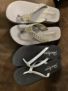 2 Pair SKECHERS Yoga Foam Women's White Rhinestone Platform Wedge Sandals-sz8-9 - Picture 1 of 12