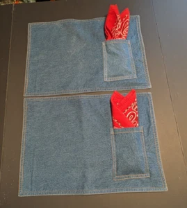 Denim Placemat with Pocket Set of 2 Blue Jeans Red Bandana Napkin 18x13 - Picture 1 of 6