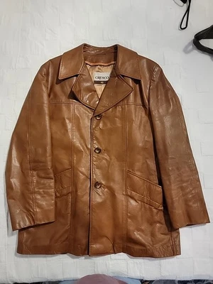 Vintage Cresco Outerwear Jacket Mens 40 Tan Leather Mid Length Coat 1970s - Image 1 of 4