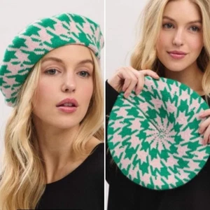 Pink and Green Houndstooth Print Beret Tam Hat - Picture 1 of 1