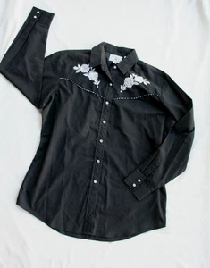 VTG EMBROIDERED SILVER ROSE MENS COWBOY SHIRT BLACK FORMAL DRESS RODEO WESTERN - Picture 1 of 15