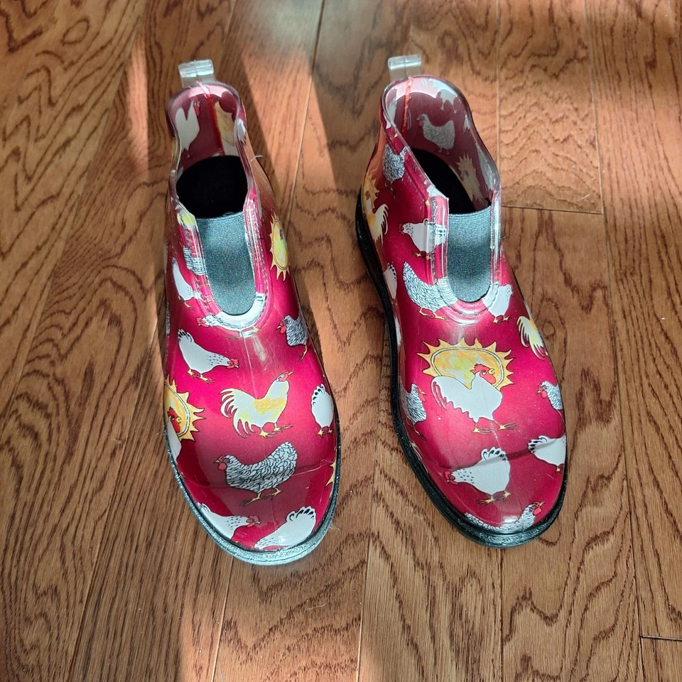 Botas de tornozelo Sloggers estampa de frango vermelho chuva jardim usadas excelentes  - Imagem 1 de 4